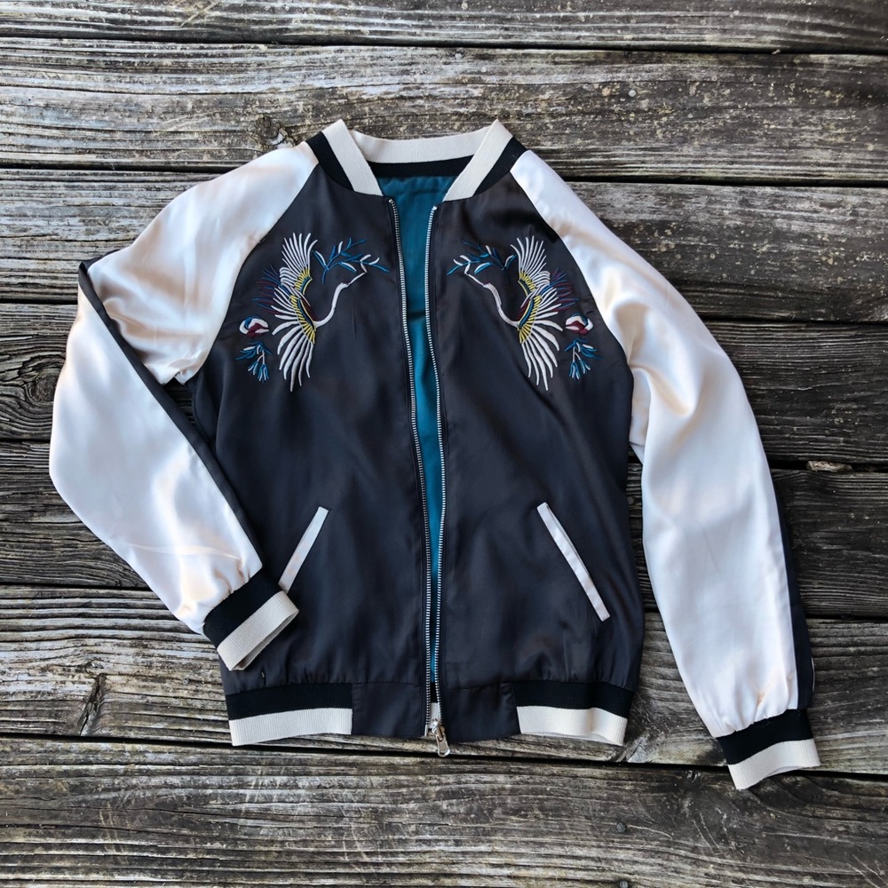Reversible bomber jacket- black/teal/cream